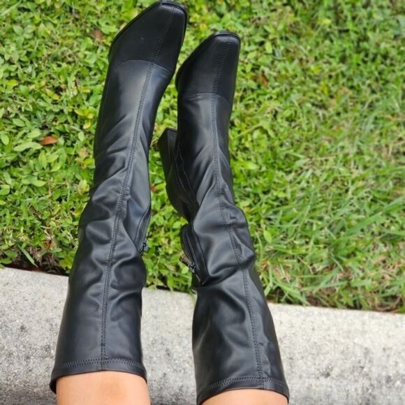 Black Women’s Mid Calf Boots Square Toe Heel Rubber Material - Picture 4 of 8